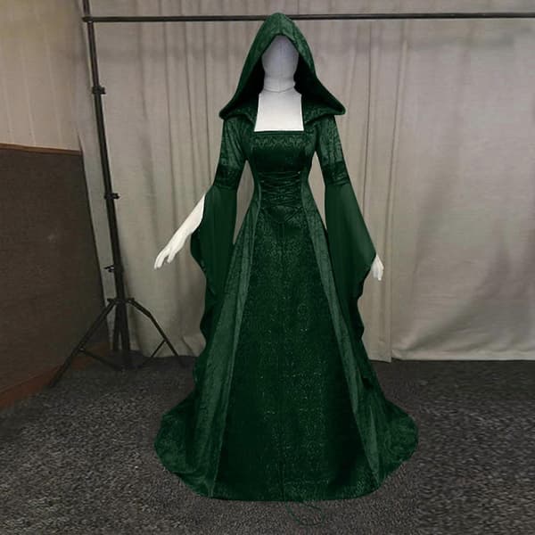 Dame Mode Langærmet Hætteklædt Kjole Gulvlængde Cosplay Kjole Green S