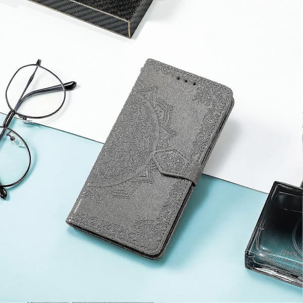 Samsung Galaxy A01 Fodral Läder Plånboksfodral Präglad Mandala Magnetisk Flip Skydd Stötsäker - Grå