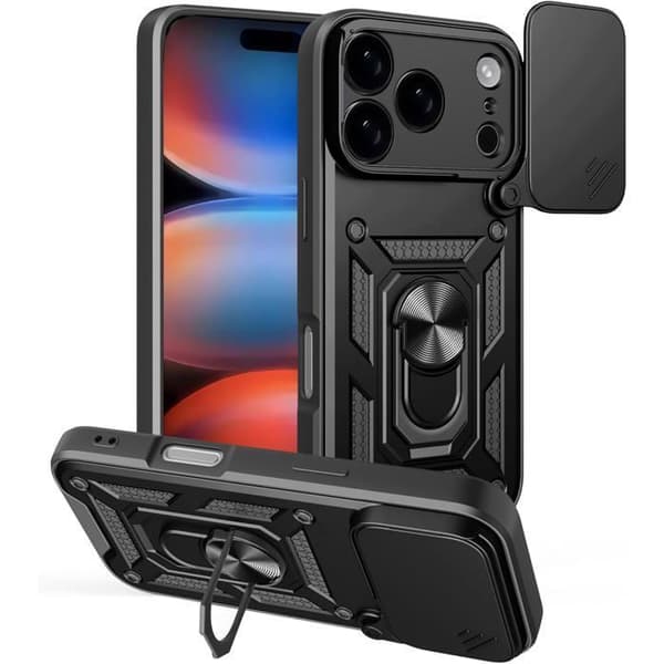 Fodral för iPhone 18 Pro/17 Pro - Magnetisk Ringhållare med Kameraskydd, Stötsäkert, Svart