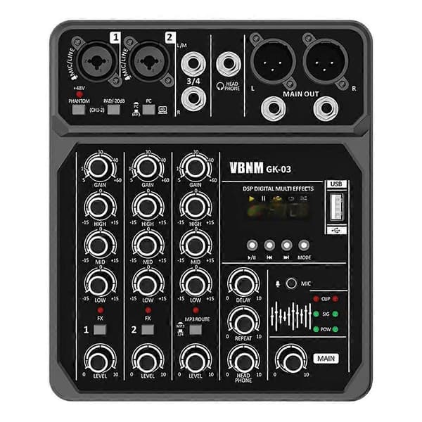 4-kanals lydmikser USB Studio lydmikser Bluetooth DJ-konsollmiksing 48V fantomstrøm USB/MP3-spiller for karaoke Black