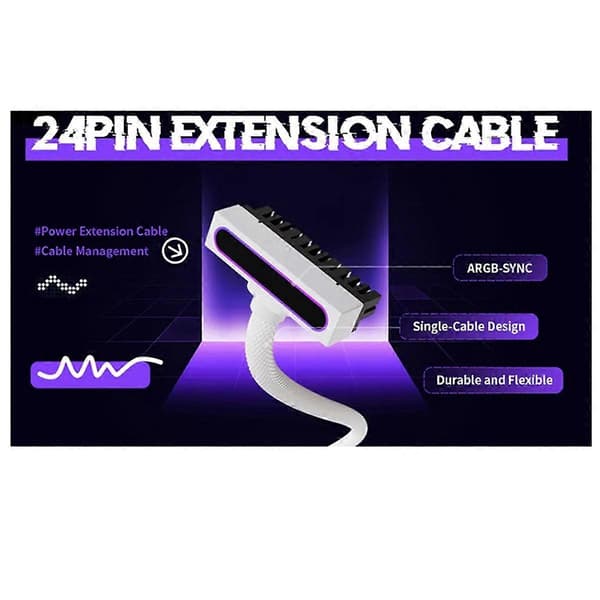 ATX24PIN forlængerkabel med ARGB SYNC One-Line Connection Computer Power Extension Cable Side Bend White