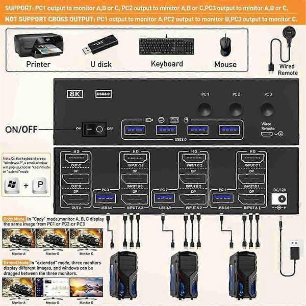 egnet for 4k@144hz kvm-svitsj 3 skjermer 3 datamaskiner, 2 displayport, 8k@30hz, 4 usb-porter