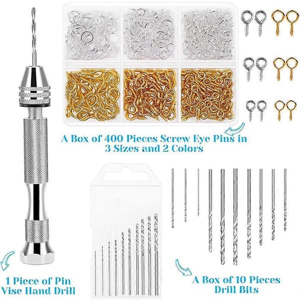 Resin Kit with 1 Hand Drill, 10 Drill Bits and 400 Screw Eye Pins for DIY Keychain Making Gold & silver