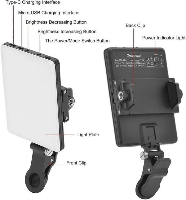 Bærbar iPhone iPad Android 60 LED Videolys 3200-5600K 3 Belysningstilstande USB og 10 Niveauer Dæmpbar Lysstyrke CRI95+ Bærbart Lys til Telefon