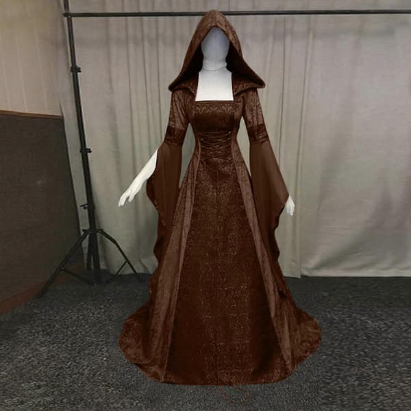 Dame Mode Langærmet Hætteklædt Kjole Gulvlængde Cosplay Kjole Coffee M