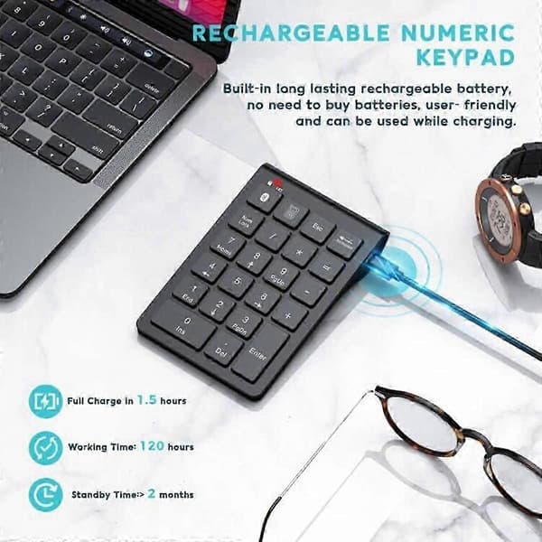 Trådløst Bluetooth-nummertastatur, 22-tasters bærbart slankt numerisk tastatur til bærbar computer, pc, stationær computer Black