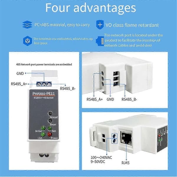 DIN-skinne seriell port RS485 til Ethernet-omformer server Protoss MQTT PE11-H støtter Modbus TCP RTU White