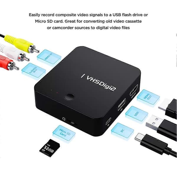 AV-videospiller, analog video til digital konvertering Lagre til SD/USB, for, videospiller, Hi8, videokamera, DVD-spiller Black