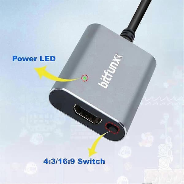 Bitfunx 720P HDMI-kompatibel adapter AV/SV Auto med 43/169 til N64/SNES/SFC/NGC Con