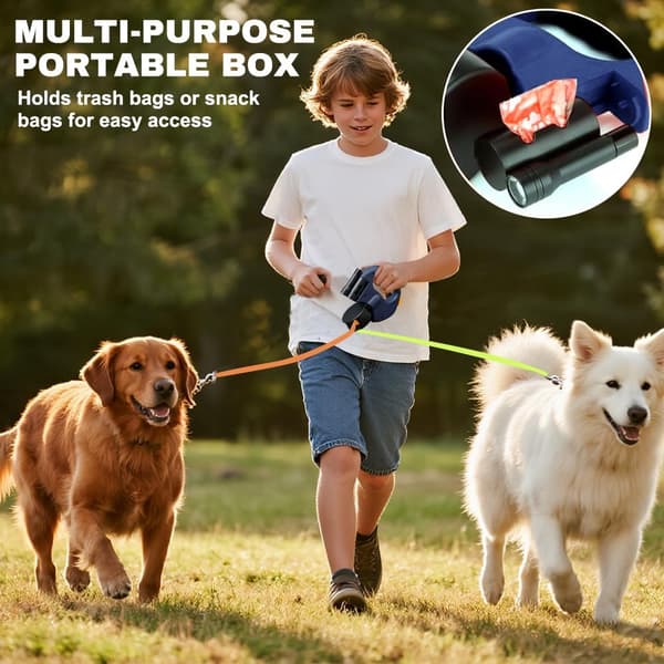 [13]3m Retractable Double Leash for Dogs - LED Light, Non-Slip Grip for 2 Small & Medium Dogs Blue