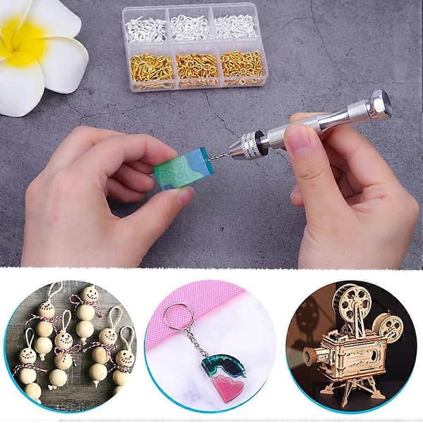Resin Kit with 1 Hand Drill, 10 Drill Bits and 400 Screw Eye Pins for DIY Keychain Making Gold & silver