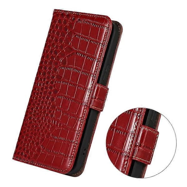 Compatible with Samsung Galaxy S21 FE 5G RFID Genuine Leather Wallet Phone Case, Crocodile Texture Foldable Stand [DB] Red