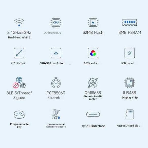Waveshare ESP32-C5 utvecklingskort+batteri 2,73-tums LCD-skärm 6-axlig sensor/TF-kortplats WiFi/BLE 5/Thread/Zigbee