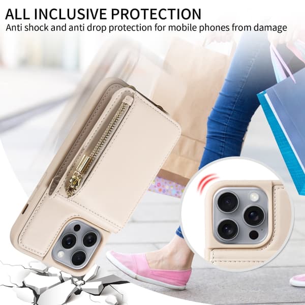 [13R] iPhone 16 Pro Max-deksel med kryssrem og glidelås, lærfutteral Beige