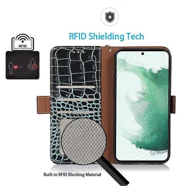 Compatible with Samsung Galaxy S21 FE 5G RFID Genuine Leather Wallet Phone Case, Crocodile Texture Foldable Stand [DB] Green