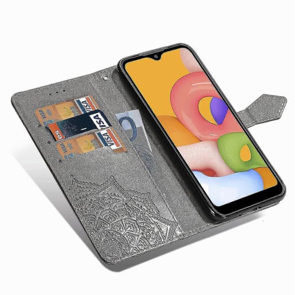 Samsung Galaxy A01 Fodral Läder Plånboksfodral Präglad Mandala Magnetisk Flip Skydd Stötsäker - Grå