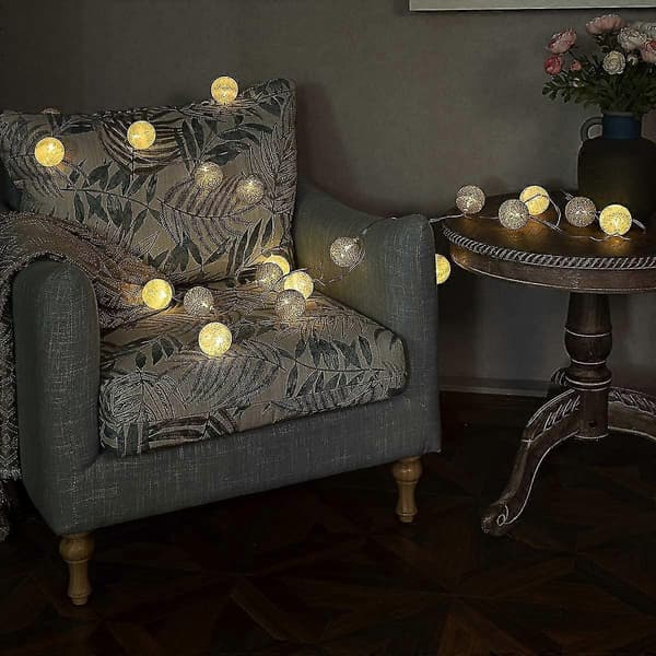 Varmhvite 20 LED-lyskule-slynger 6 cm bomullslyskuler dekorasjon kompatibel med barnerom, fest, jul, bryllup