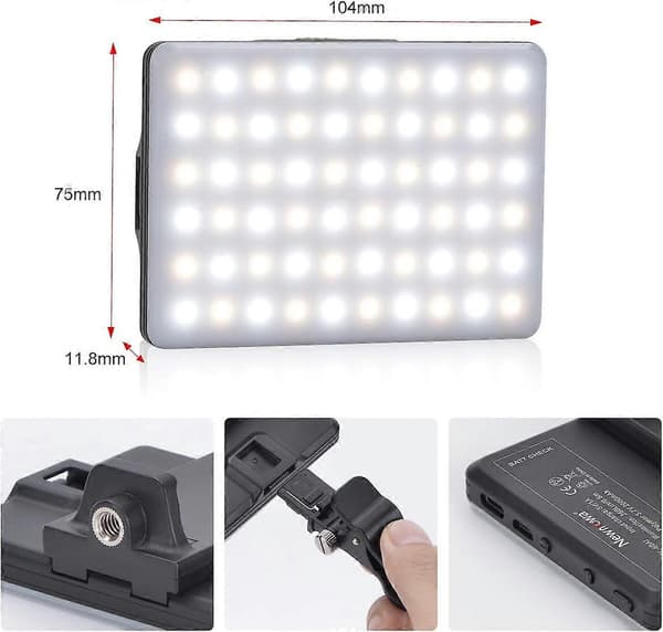 Bærbar iPhone iPad Android 60 LED Videolys 3200-5600K 3 Belysningstilstande USB og 10 Niveauer Dæmpbar Lysstyrke CRI95+ Bærbart Lys til Telefon