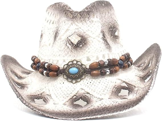 [13]Hule stråcowboyhatte til kvinder - Sommerstrandhat Western Solhat Bøjelig Boho Stråcowboyhat White