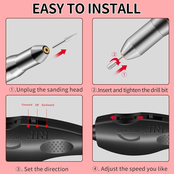 Nail Drill Machine Set, Electric Portable Nail File Drill Kit, Professional Manicure Pedicure Machine Tool for Acrylic Nails, USB Rechargeable