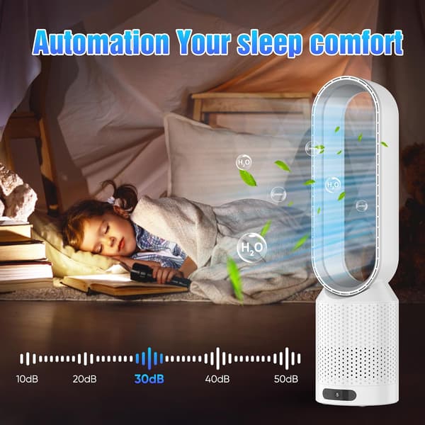 Ultra-quiet 2-in-1 Air Purifier Bladeless Fan with Remote Control 90 Degree Oscillation Timer 8 Speeds for Indoor Air Purification Silver