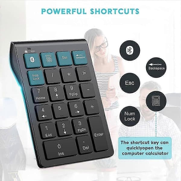Trådløst Bluetooth-nummertastatur, 22-tasters bærbart slankt numerisk tastatur til bærbar computer, pc, stationær computer Black