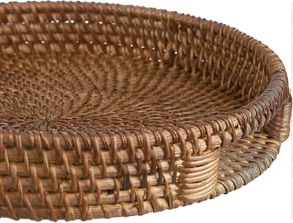 【13】Rattan Serving Tray 30 cm Decorative Display Tray Table Storage Tray with Handles Desk Organizer Tray