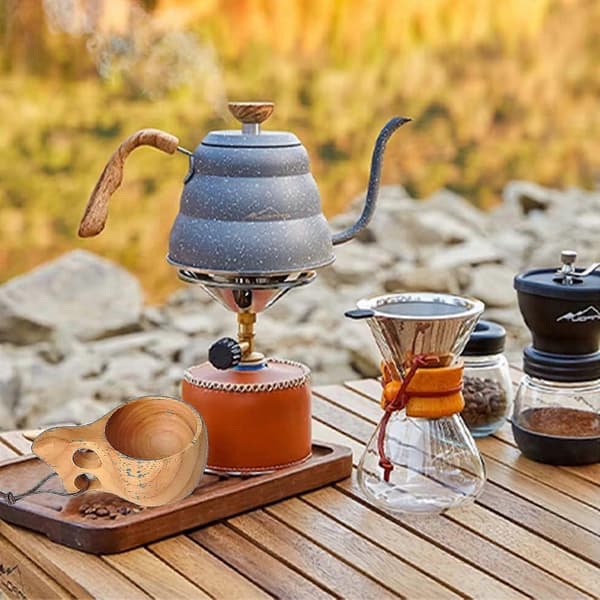 2-pack träkåsa bärbar utomhus campingmugg med träsked och läderrem A