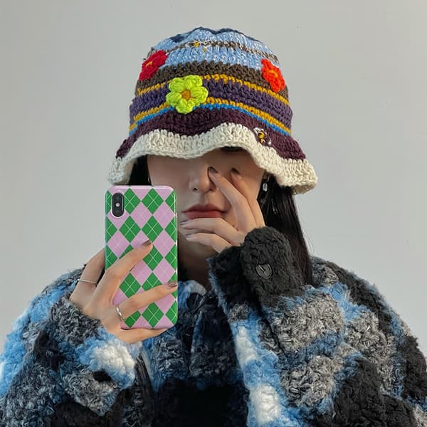 Tynd sektion lille blomst strikket fiskerhat dame efterår og vinter mode retro uldhat
