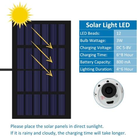 Bærbar 3W solcellelygte med solpanel – 3,45m kabel – 130LM lysstrøm – Genopladelig til camping og nødsituationer