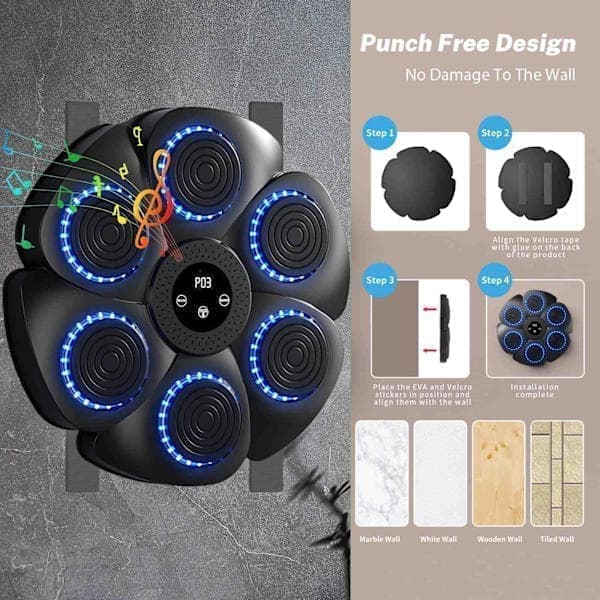 Musical Boxing Machine, Smart Wall-Mounted Boxing Machine - Bluetooth with Boxing Gloves for Adults and Children, 9 Speeds and Countdown Functions B
