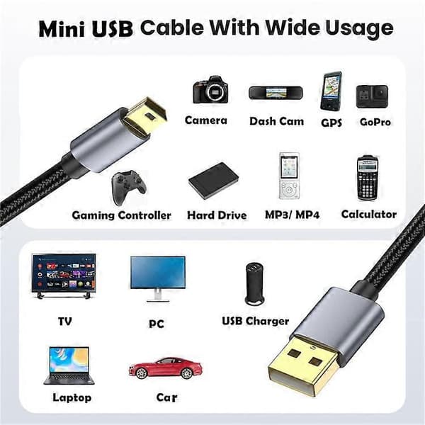 10m USB 2.0 til Mini B han opladerkabel USB Mini til USB opladerkabel til PS3 Controller / MP3-afspiller / kamera MultiColor