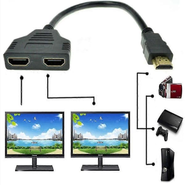 HDMI Splitter - HDMI Splitter Adapter Kabel Splitter HDMI Han til Dobbelt HDMI Hun 1 til 2 Vejs