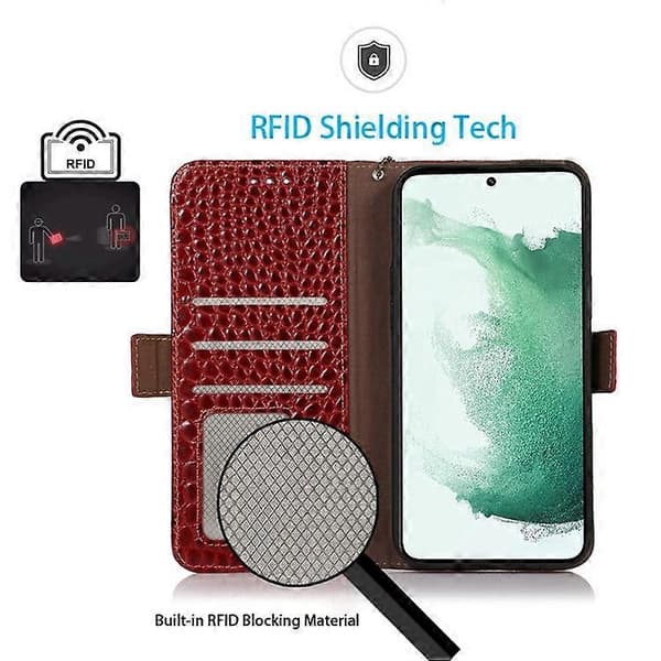 Compatible with Samsung Galaxy S21 FE 5G RFID Genuine Leather Wallet Phone Case, Crocodile Texture Foldable Stand [DB] Red