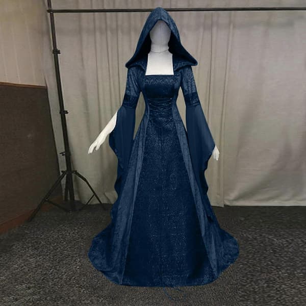 Dame Mode Langærmet Hætteklædt Kjole Gulvlængde Cosplay Kjole Blue M