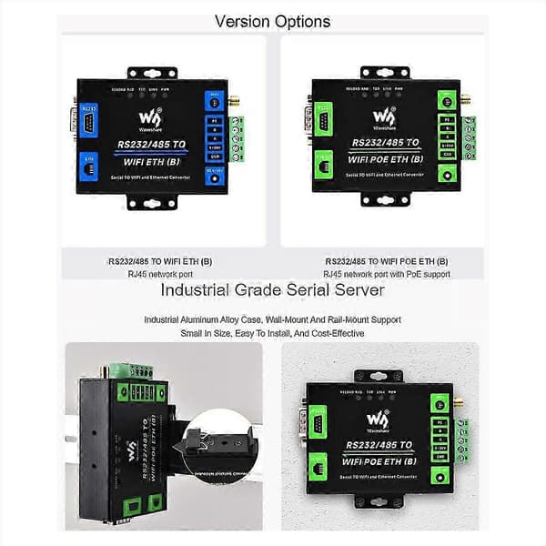 Waveshare RS232/485 til WiFi og Ethernet, seriell serverkonverter Black L