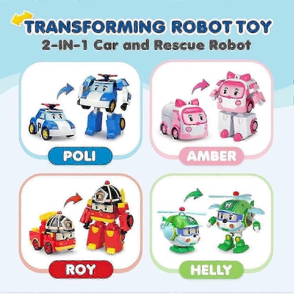 SBSG Robocar Poli 4-pakke Poli + Amber + Roy + Helly Transformerende robotlegetøj, 10 cm transformerbar action