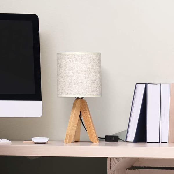 Bedside lamp with wooden stand and fabric shade - E27 socket, incl. 3-color LED bulb, Scandinavian style bedside lamp