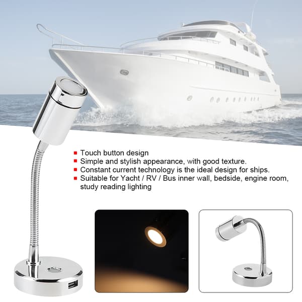 12V DC 1500LM LED Reading Light Rotatable Adjustable Marine Car Table Lamp USB Charging Interface