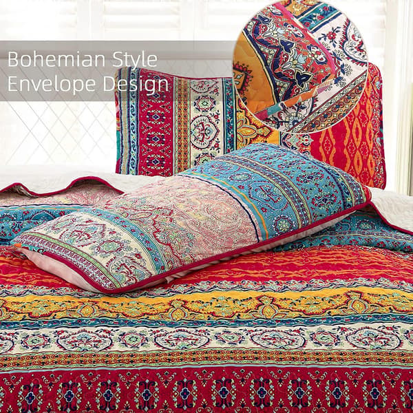 [13R] Boheme Quiltet Sengetæppe Dobbelt 3 Dele Patchwork Sengetæppe Vendbart Blødt Mikrofiber Sengetøj 220*240cm