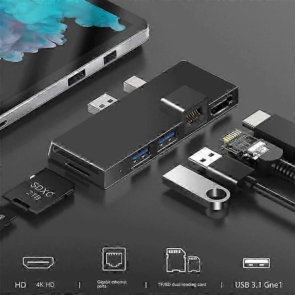 Til Surface Pro 4 5 6 Dockingstation Hub med 4K HDMI-kompatibel TF-kortlæser Gigabit Ethernet 2 Black