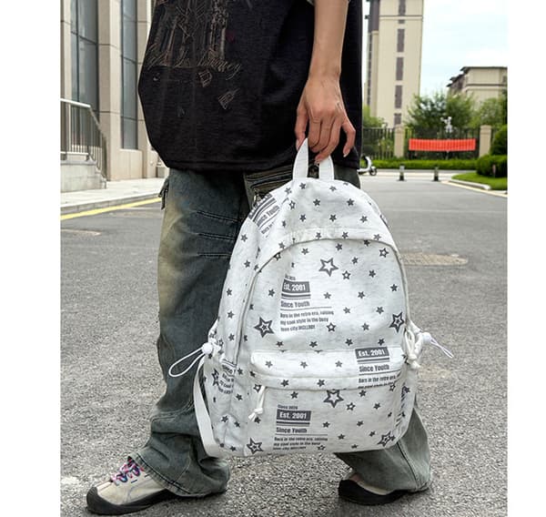 American Backpack with Star and Letter Motif, Multifunctional Lightweight Nylon School Backpack for Middle and High School Gray