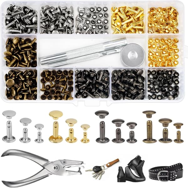 Leather Rivets 180 Pieces 3 Sizes Double Cap Rivets Tubular Metal Studs Rivets, with 3 Pieces Fixing Tools and Hole Punch Pliers