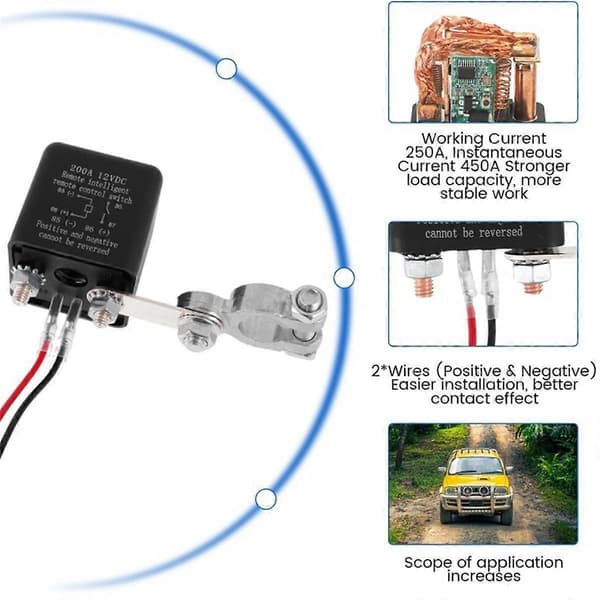 12V 200A Battery Disconnect Relay Remote Control Battery Isolator Switch Anti-Theft db Black