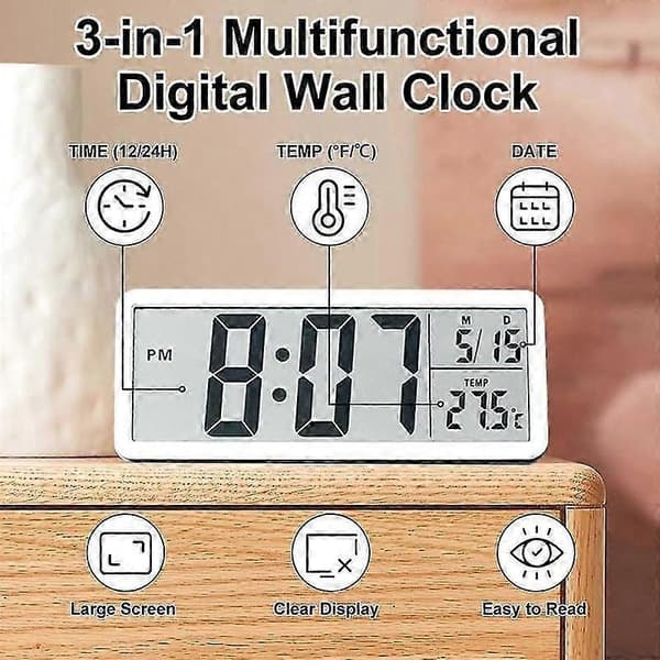 Digital Vægur 8 Tommer LCD Display Tid Temp Dato Batteri USB Drevet