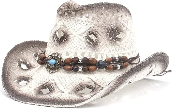 [13]Hule stråcowboyhatte til kvinder - Sommerstrandhat Western Solhat Bøjelig Boho Stråcowboyhat White