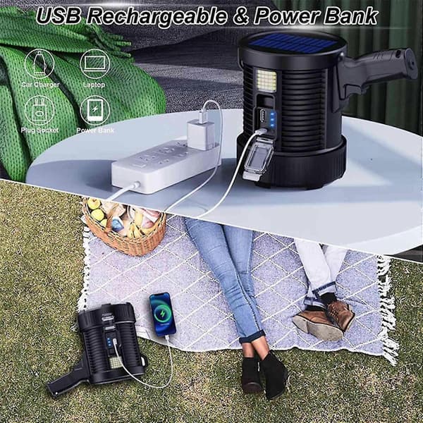100000 Lumen Rechargeable Headlamp Handheld Flashlight with Solar Charging Black