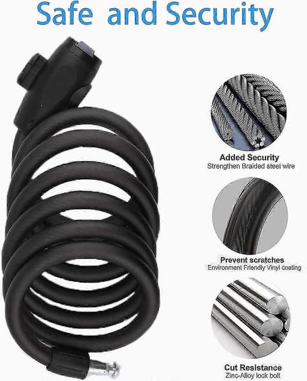 Key Operated Bicycle Lock Spiral Anti-Theft Cable High Security Bike Scooter