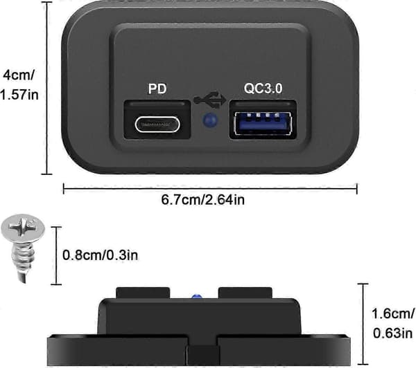 Bobillader USB-uttak, QC3.0 USB A- og USB C-porter ladekontaktpanel, med LED-lys for 12V/24V bil og båt [MI]