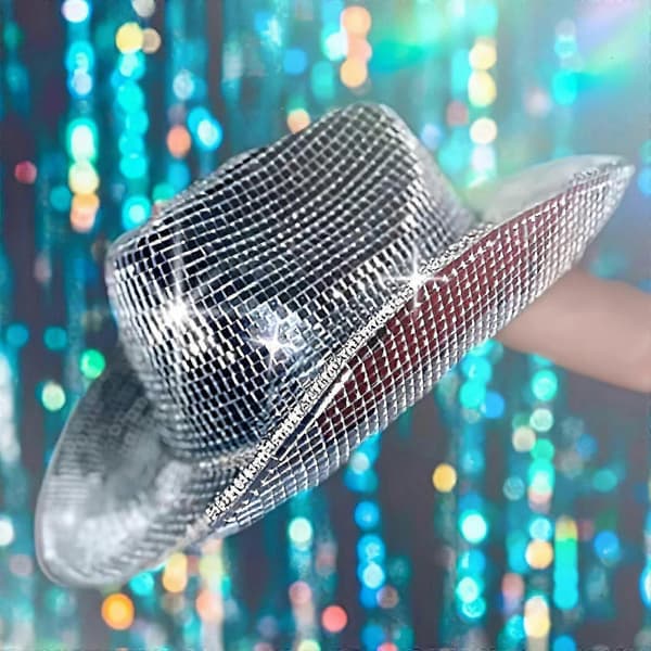 Diskokugle cowboyhat, spejlkugle cowboyhat, polterabendhat, kvinders glitrende rumhat